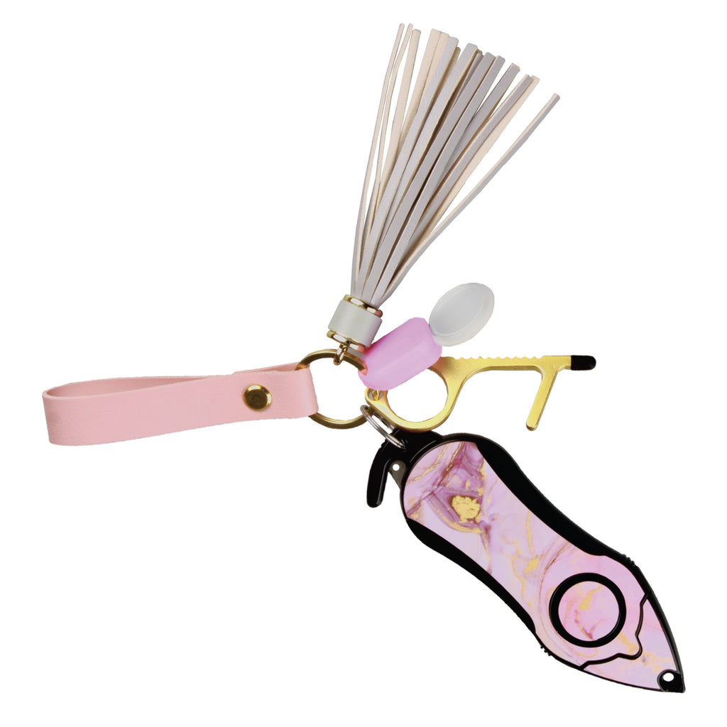 Personal Alarm Keychain Set: Safety Panic Alarm Siren, Seatbelt Cutter, Car Window Breaker, Wristlet Keychain, Contactless Key Tool, Pocket Flashlight (Pink Marble)