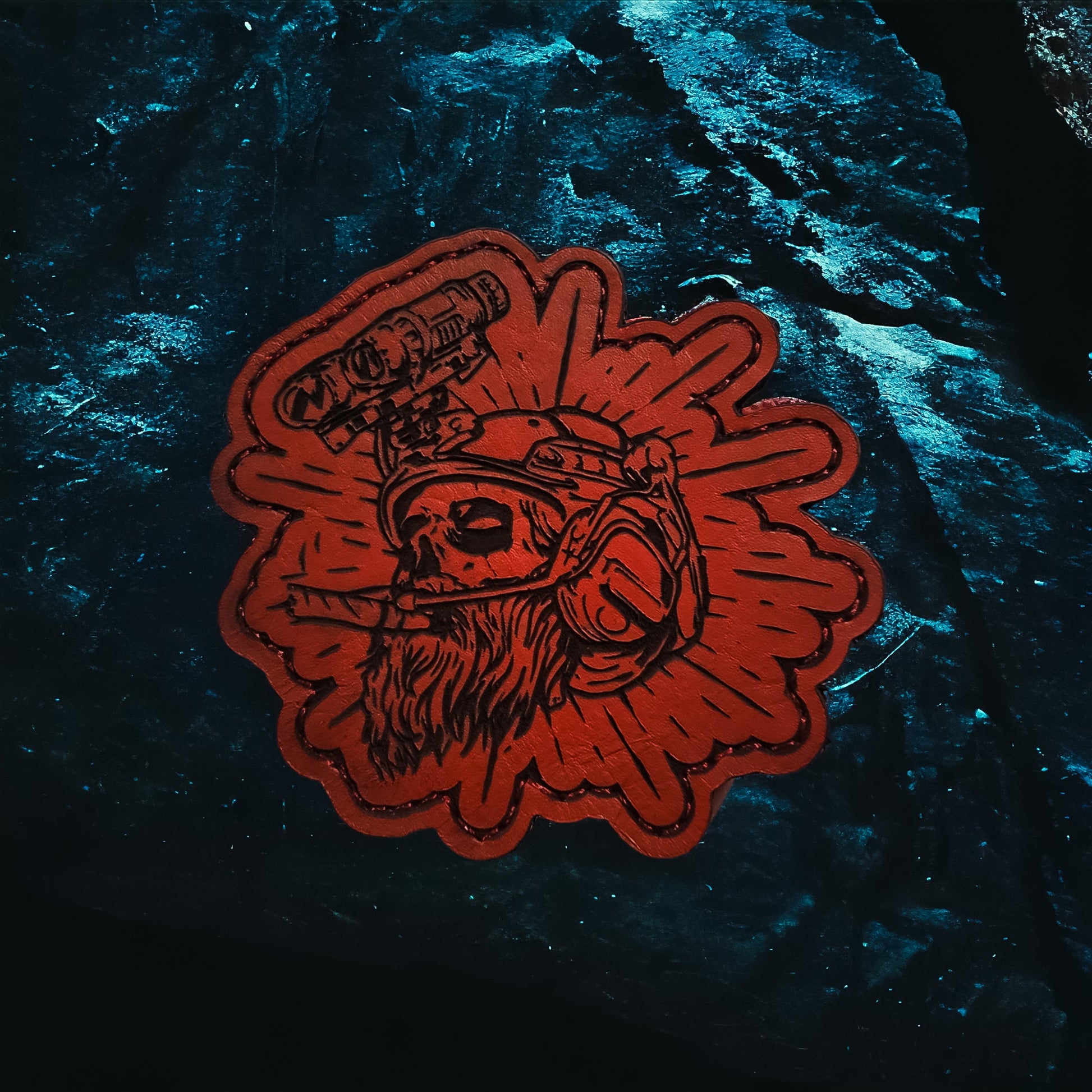 Grim - 4" x 4" - Dark Red Leather Velcro Morale Patch