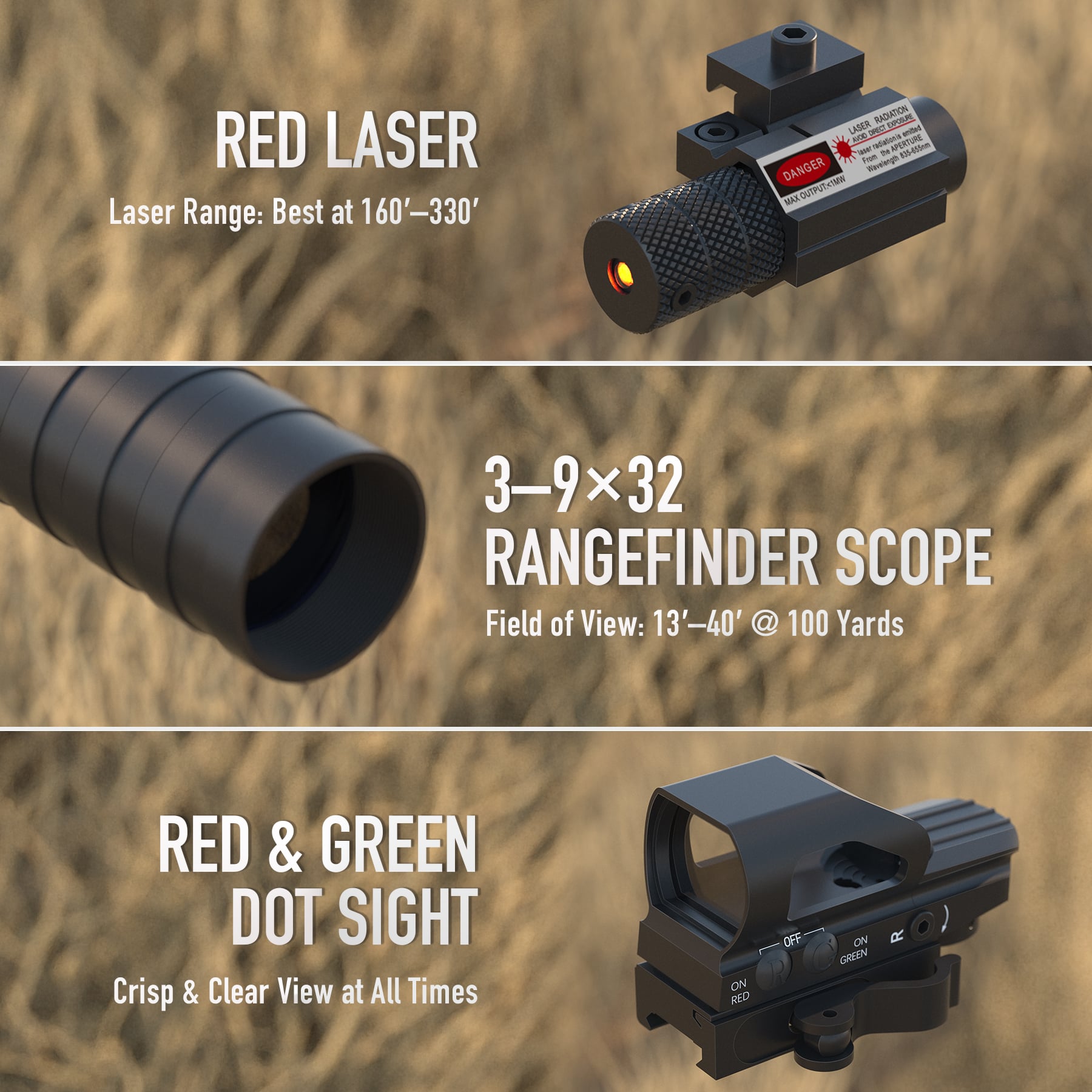 3-in-1 Rifle Scope Combo, 3-9*32mm Rangefinder Scope, Red&Green Dot Sight, Red Laser, 14 Slots Riser