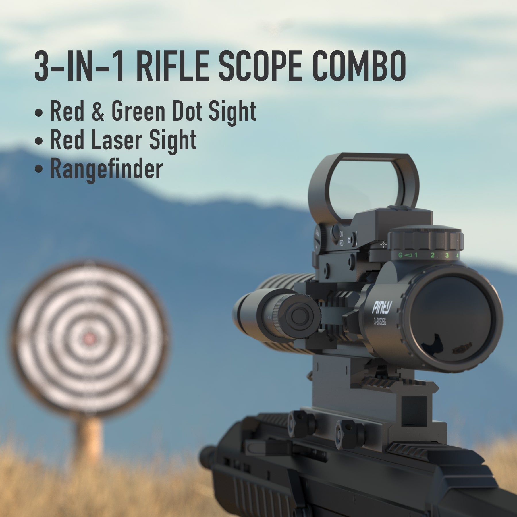 3-in-1 Rifle Scope Combo, 3-9*32mm Rangefinder Scope, Red&Green Dot Sight, Red Laser, 14 Slots Riser