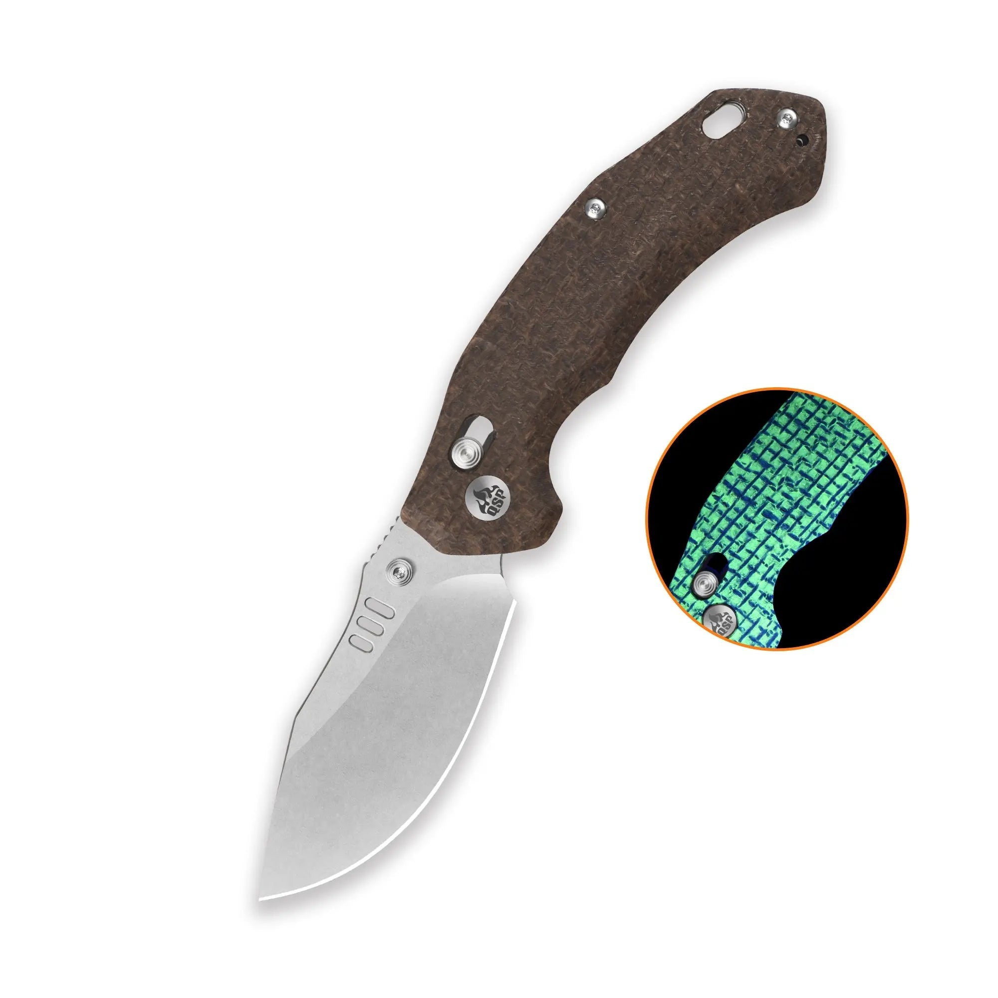 QSP Elk Stonewash 14C28N Glow in the Dark Brown Burlap Micarta Glyde Lock Folding Knife