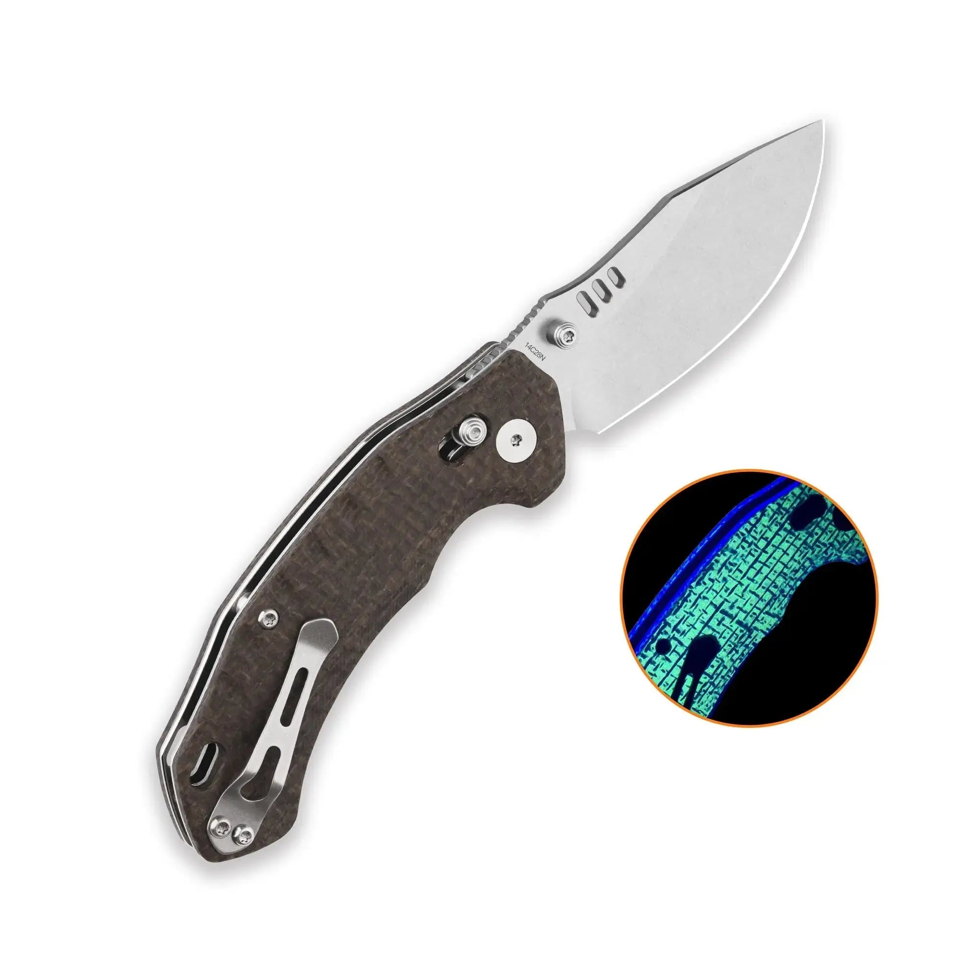 QSP Elk Stonewash 14C28N Glow in the Dark Brown Burlap Micarta Glyde Lock Folding Knife