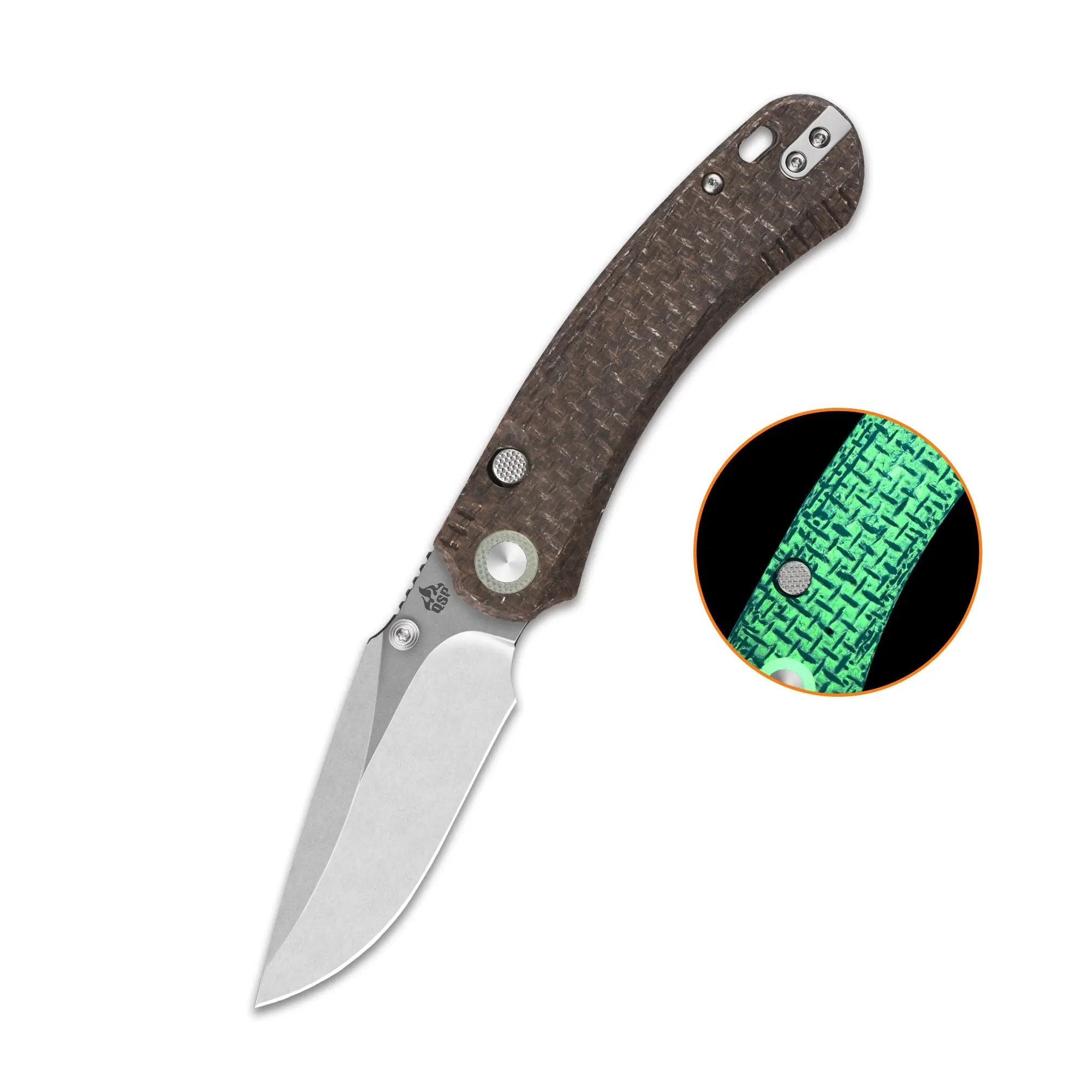 QSP Coyote Stonewash Nitro V Glow in the Dark Brown Micarta Folding Knife