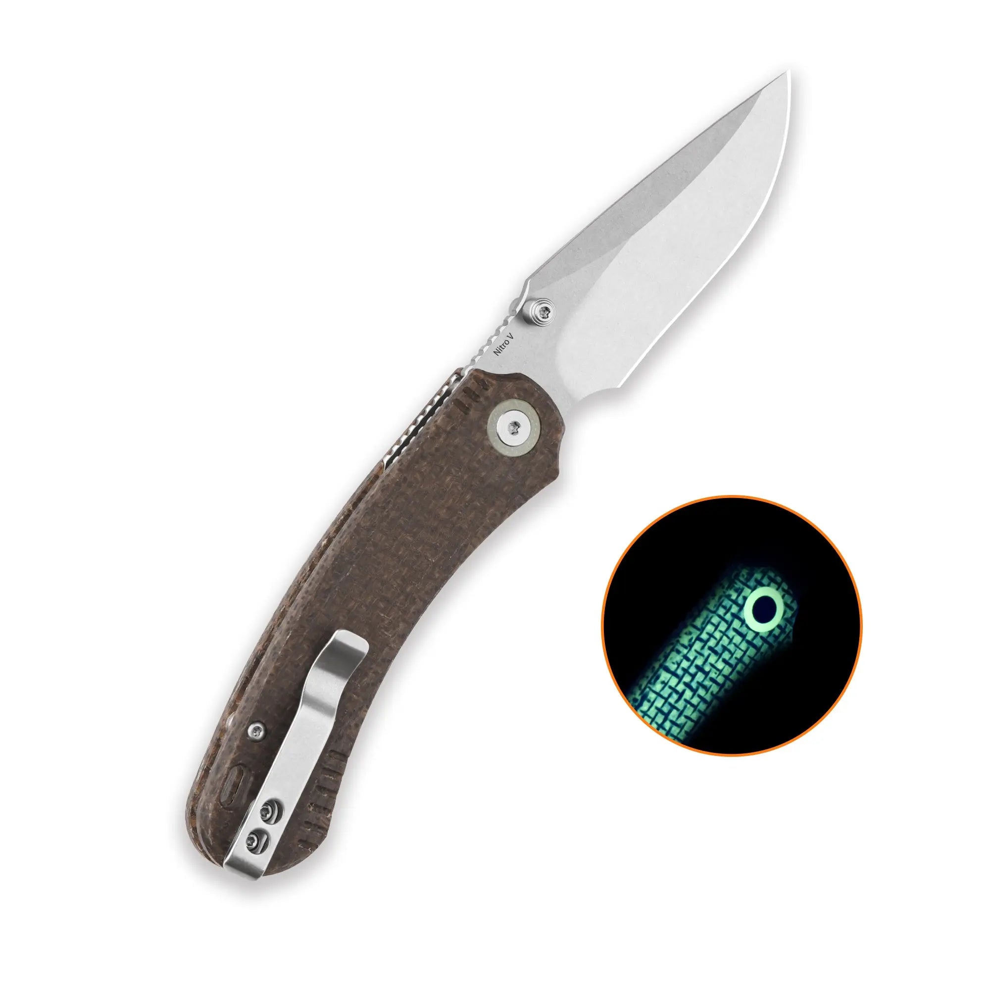 QSP Coyote Stonewash Nitro V Glow in the Dark Brown Micarta Folding Knife