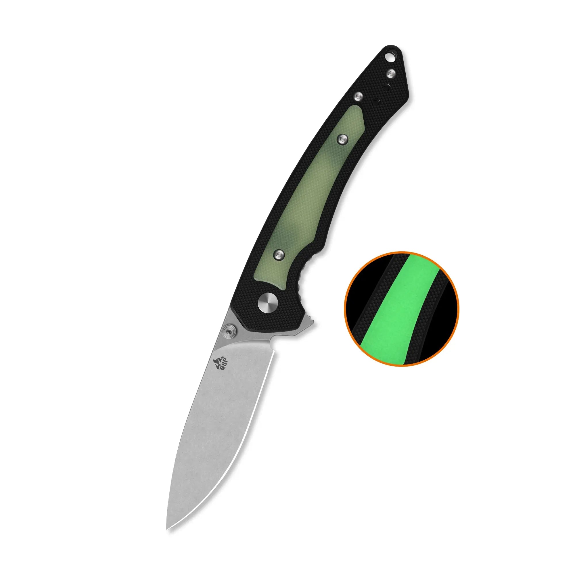 QSP Peregrine Stonewash 10Cr15MoV Black G10 with Glow in the Dark Inlay Folding Knife
