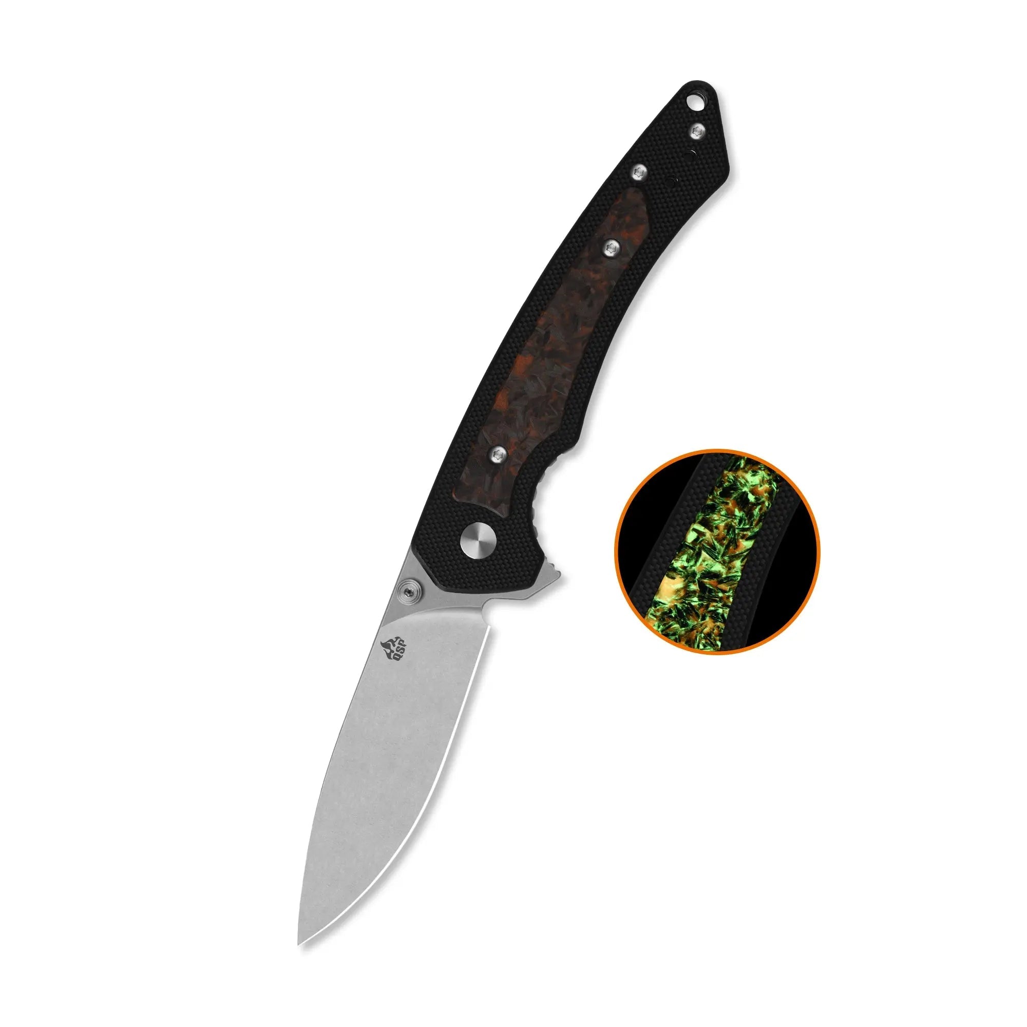 QSP Peregrine Stonewash 10Cr15MoV Black G10 with Glow in the Dark Shredded Carbon Fiber Folding Knife