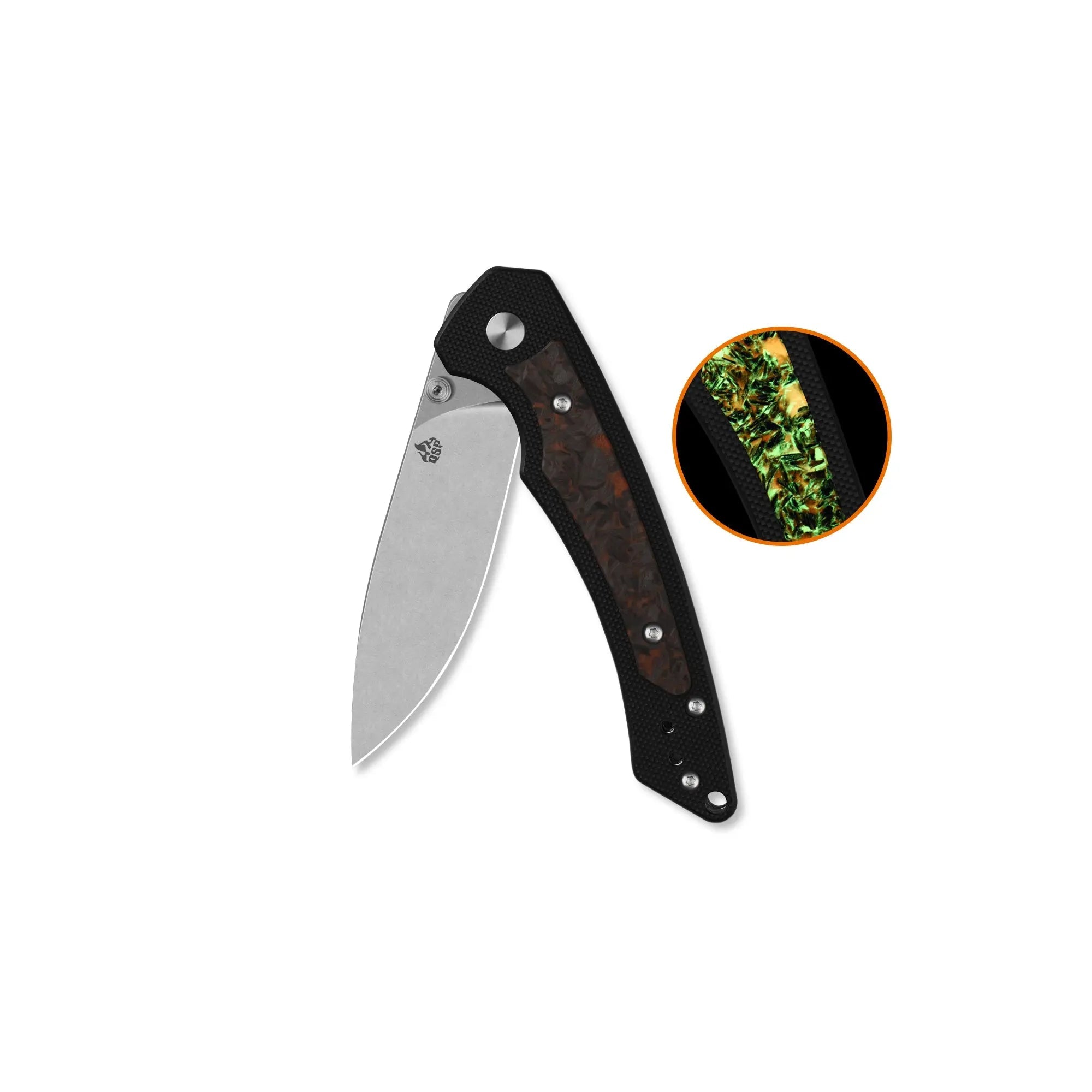 QSP Peregrine Stonewash 10Cr15MoV Black G10 with Glow in the Dark Shredded Carbon Fiber Folding Knife