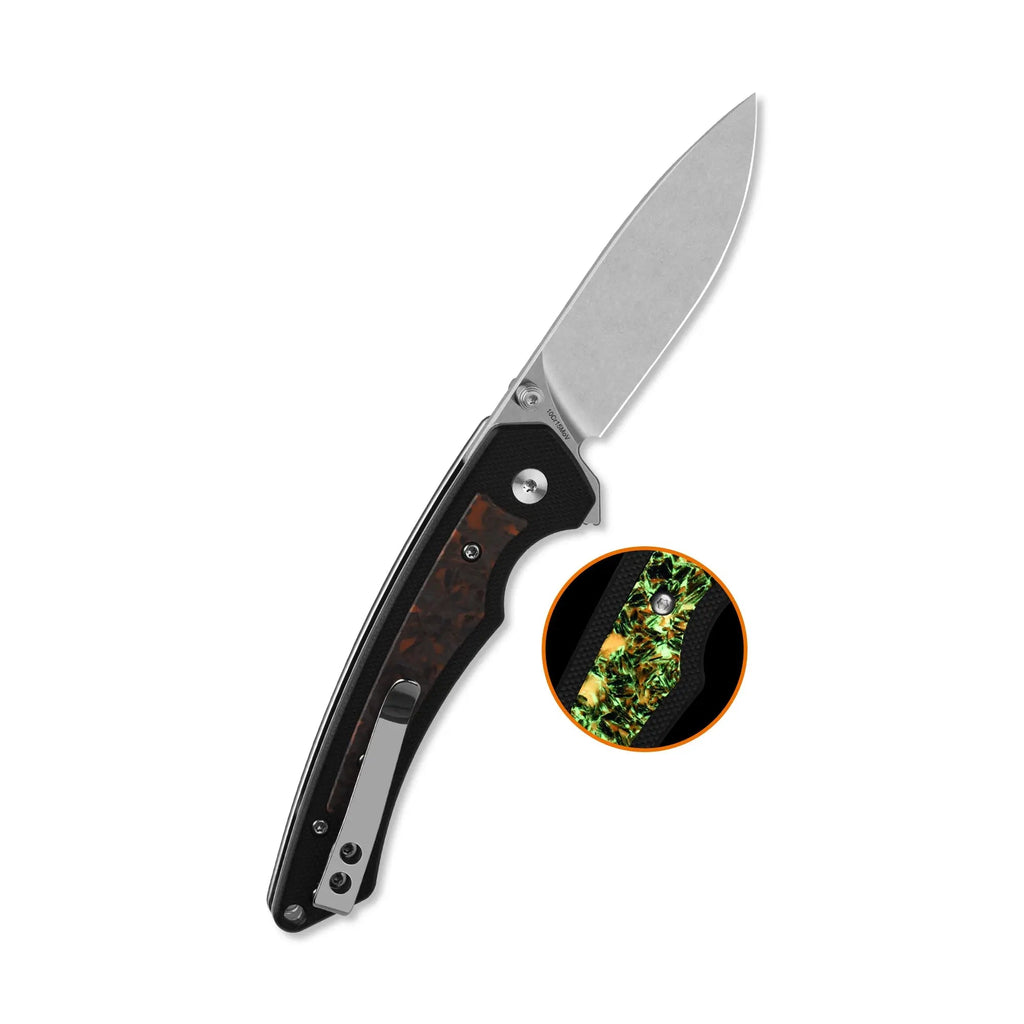 QSP Peregrine Stonewash 10Cr15MoV Black G10 with Glow in the Dark Shredded Carbon Fiber Folding Knife