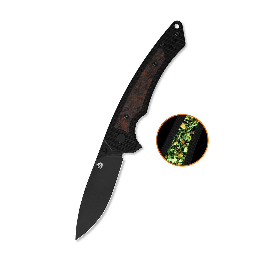 QSP Peregrine Black 10Cr15MoV Black G10 with Glow in the Dark Shredded Carbon Fiber Folding Knife (Copy)
