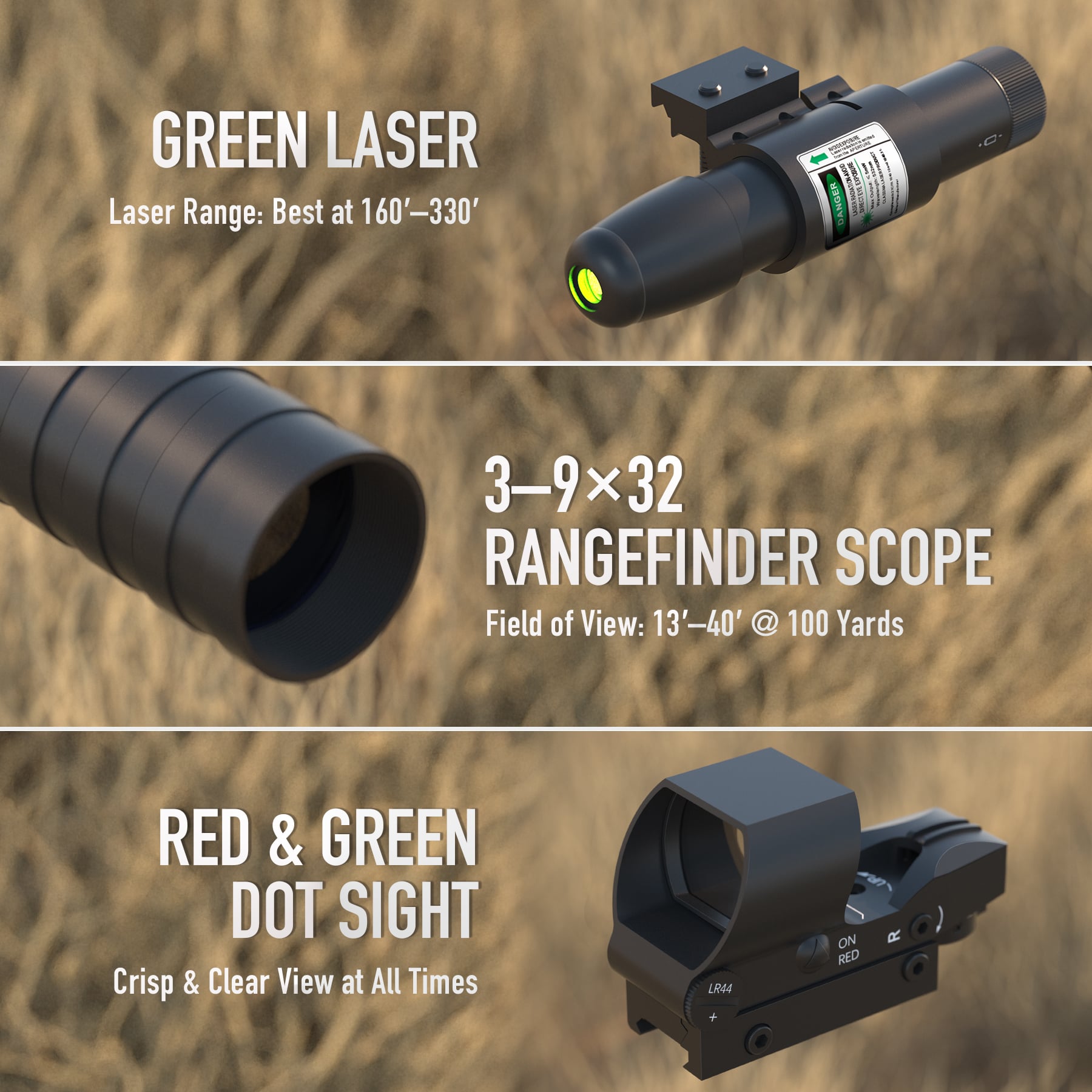 3-in-1 Rifle Scope Combo, 3-9x32 Rangefinder Scope, Red & Green Dot Si ...