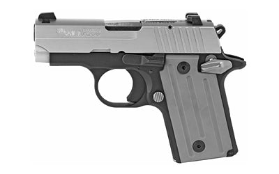 Sig Sauer P238 |  California Compliant |  Single Action Only |  Semi-automatic |  Metal Frame Pistol |  Compact |  380 ACP |  2.7" Barrel |  Alloy |  Two-Tone |  Gray Polymer Grips |  SIGLITE Night Sights |  Manual Thumb Safety |  6 Rounds |  1 Magazine