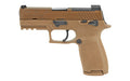 Sig Sauer P320 |  M18 |  Striker Fired |  Semi-automatic |  Polymer Frame Pistol |  9MM |  3.9" Barrel |  PVD Finish |  Coyote Tan |  SIGLITE Night Sights |  Manual Thumb Safety |  Optics Ready |  10 Rounds |  3 Magazines |  California Compliant