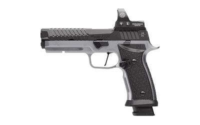 Sig Sauer P320 MAX SXG |  Semi-automatic |  Striker Fired |  Metal Frame Pistol |  Full Size |  9MM |  5" Bull Barrel |  Nitron Finished Slide |  Black |  Silver Frame |  Romeo3 Max 6MOA Pro Optic |  Pro Optic Footprint |  Hogue Aluminum Recreation Grips