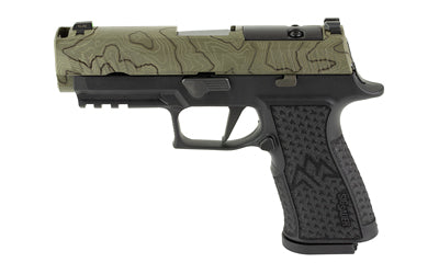 Sig Sauer P320 XTEN ENDURE COMP |  Striker Fired |  Semi-Automatic |  Polymer Frame Pistol |  10MM |  3.8" Barrel |  Slide Integrated Expansion Chamber |  Cerakote Finish |  Moss Green Slide with Topographic Laser Etched Pattern |  Black Frame |  Optics R