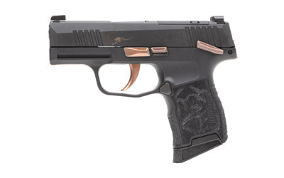 Sig Sauer P365 ROSE |  Striker Fired |  Semi-automatic |  Polymer Frame Pistol |  Micro-Compact |  380 ACP |  3.1" Barrel |  Nitron Finish |  Black with Rose Gold Controls and Engraving |  SIGLITE Day/Night Sights |  10 Rounds |  2 Magazines |  Optics Rea