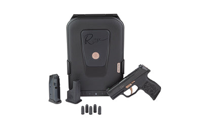 Sig Sauer P365 ROSE |  Striker Fired |  Semi-automatic |  Polymer Frame Pistol |  Micro-Compact |  380 ACP |  3.1" Barrel |  Nitron Finish |  Black |  Rose Gold Controls |  Laser Engraved Grip Module |  XRAY 3 Day/Night Sights |  SIG-LOC Optic Ready Slide