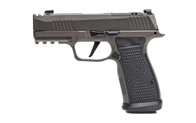 Sig Sauer P365 AXG LEGION |  Striker Fired |  Semi-automatic |  Metal Frame Pistol |  Sub-Compact |  9MM |  3.1" Barrel |  Cerakote Finish |  Legion Gray |  AXG Grip Module |  G10 Grips |  XRAY3 Day/Night Sights |  Optic Ready |  Slide Integrated Expansio