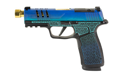 Sig Sauer P365 XMACRO |  Striker Fired |  Semi-automatic |  Polymer Framed Pistol |  Sub-Compact |  9MM |  4.3" Zaffiri Precision Threaded Gold Barrel |  Custom Cerakote Finish by Shark Coast Tactical |  Galactic June Bug |  XRAY3 Day/Night Sights |  Opti