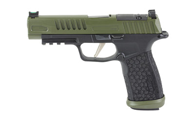 Sig Sauer P365 FUSE |  Semi-automatic |  Polymer Frame Pistol |  Compact |  9MM |  4.3" Barrel |  Custom Crocodile Green Cerakote Finish by Skydas |  Fiber Optic Front and Low Profile Combat Rear Sights |  3 Magazines |  (2)-21 Round Magazines and (1)-17