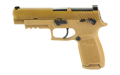 Sig Sauer P320F M17 |  Striker Fired |  Semi-automatic |  Polymer Frame |  Full Size |  9MM |  4.7" Barrel |  PVD Finish |  Coyote Tan |  SIGLITE Night Sights |  Manual Thumb Safety |  Optics Ready |  3 Magazines |  (1)-17 Round and (2)-21 Round