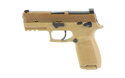 Sig Sauer M18 |  Semi-automatic |  Striker Fired |  Polymer Frame Pistol |  Carry Size |  9MM |  3.9" Barrel |  PVD Finish |  Coyote |  Optics Ready |  SIGLITE Night Sights |  Manual Safety |  10 Rounds |  3 Magazines |  Massachusetts Compliant