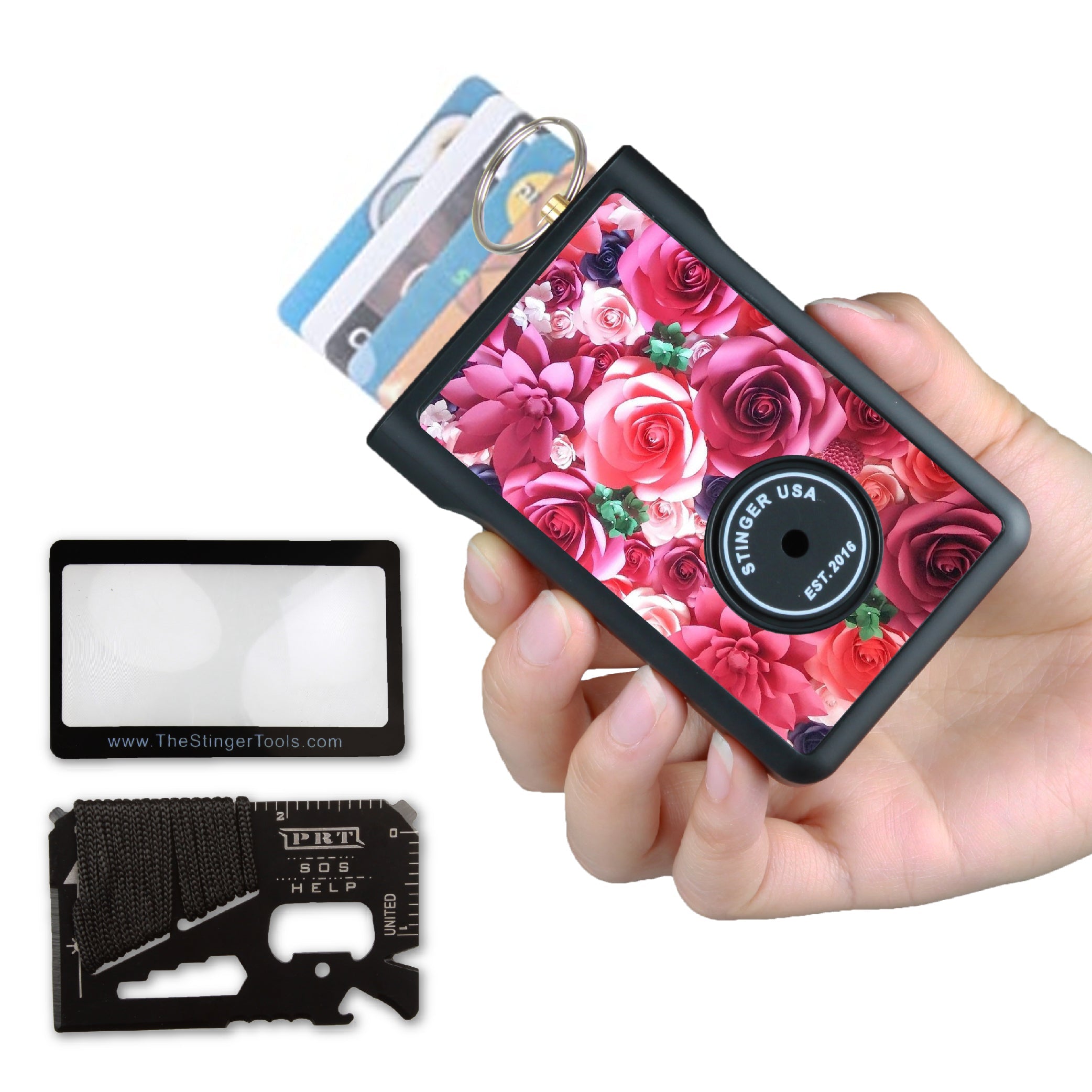 Stinger Minimalist Wallet, Card Holder, Safety Wallet with Personal Alarm, Multi-functional Tool, and Magnifier (Black Carbon Fiber)