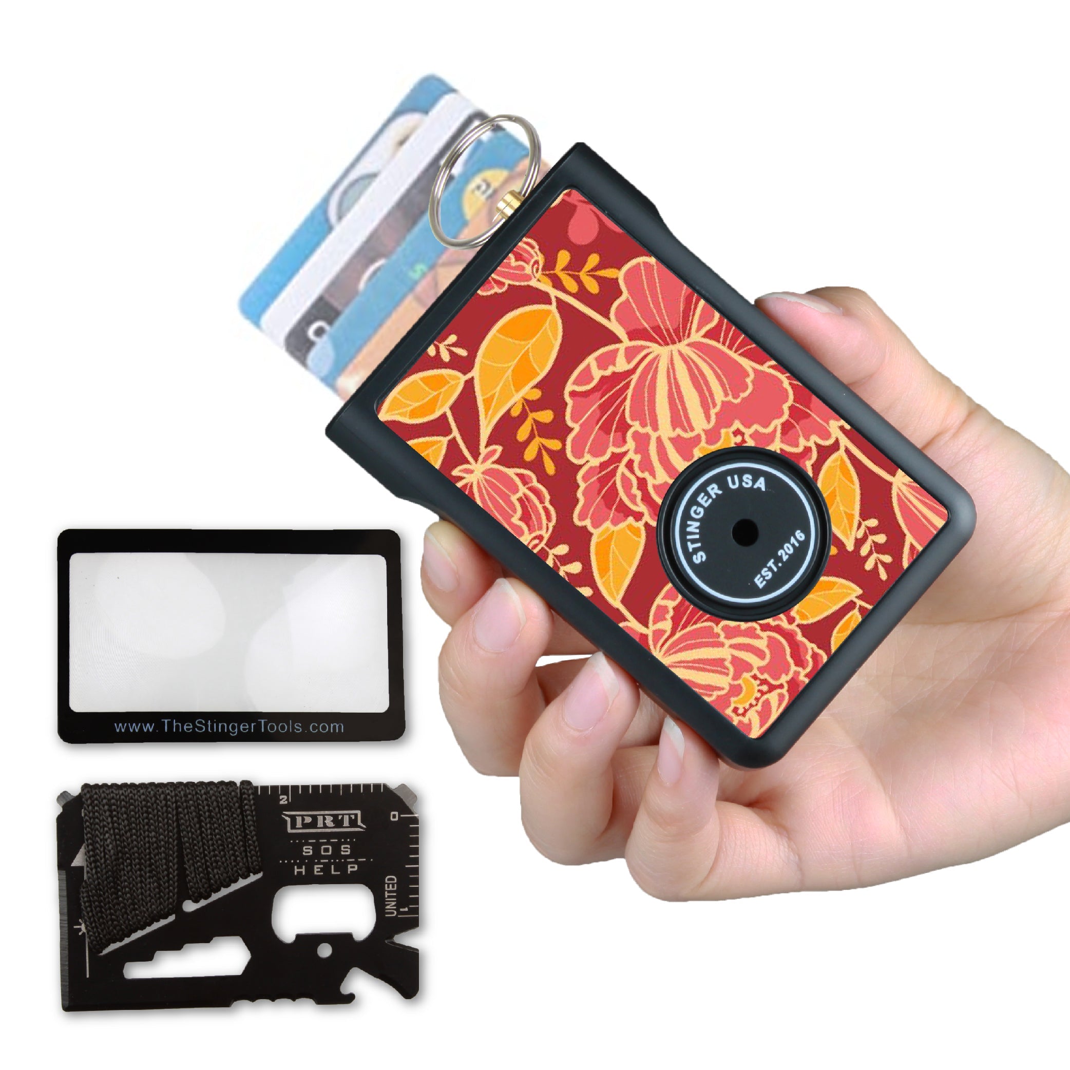 Stinger Minimalist Wallet, Card Holder, Safety Wallet with Personal Alarm, Multi-functional Tool, and Magnifier (Black Carbon Fiber)