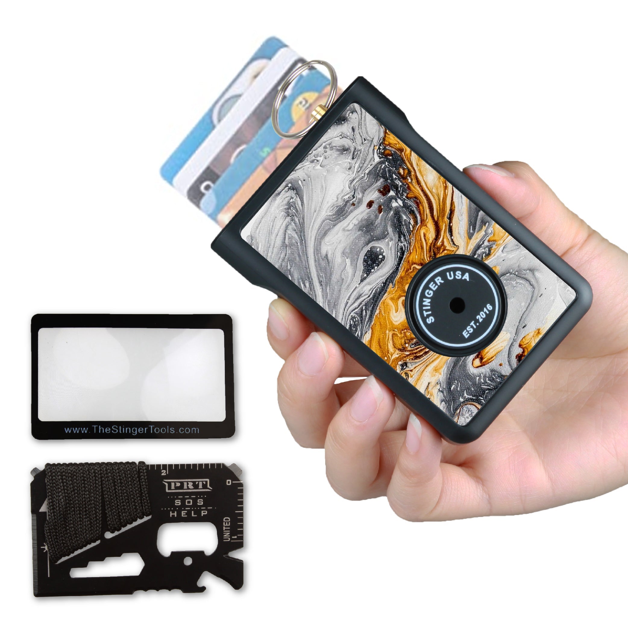 Stinger Minimalist Wallet, Card Holder, Safety Wallet with Personal Alarm, Multi-functional Tool, and Magnifier (Black Carbon Fiber)