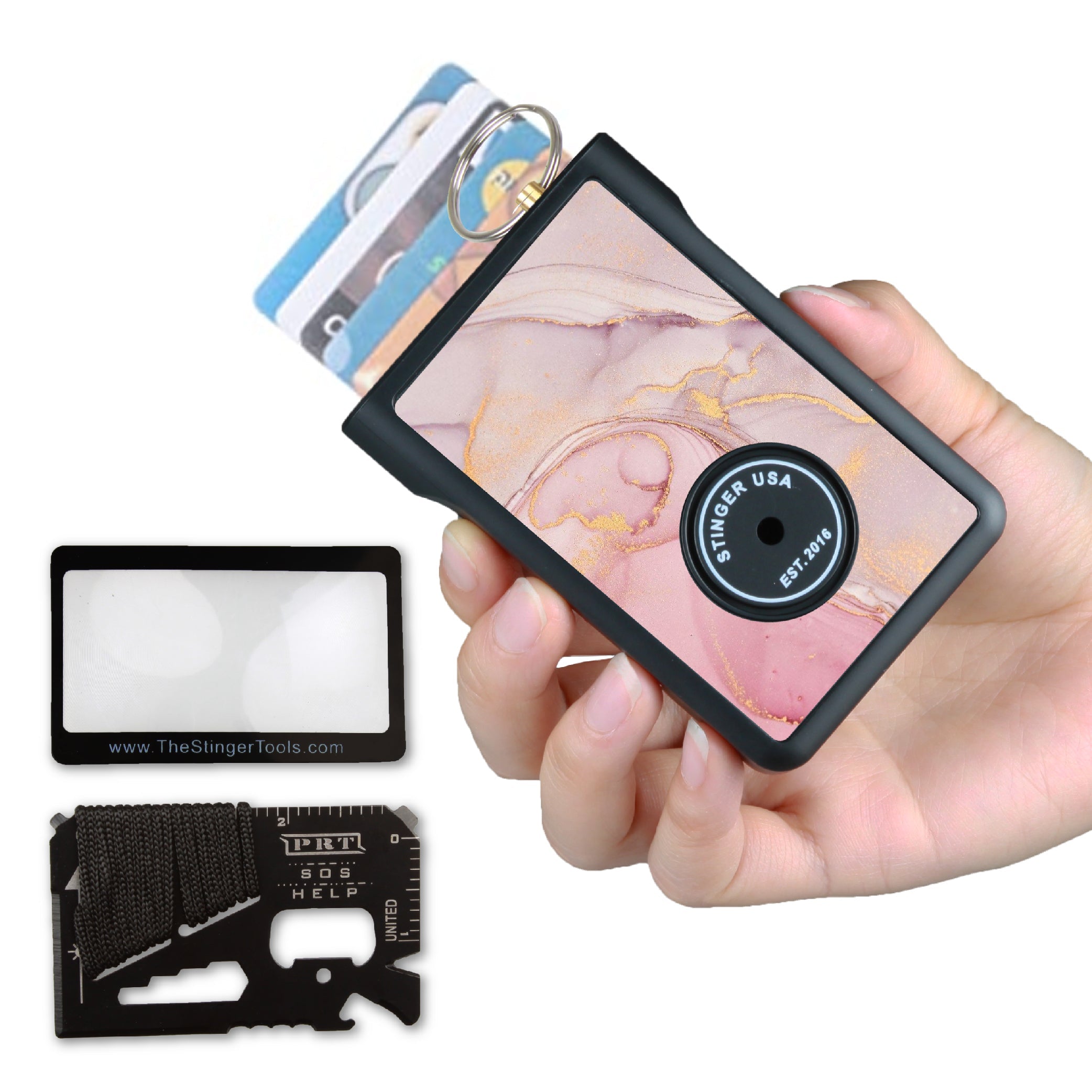 Stinger Minimalist Wallet, Card Holder, Safety Wallet with Personal Alarm, Multi-functional Tool, and Magnifier (Black Carbon Fiber)