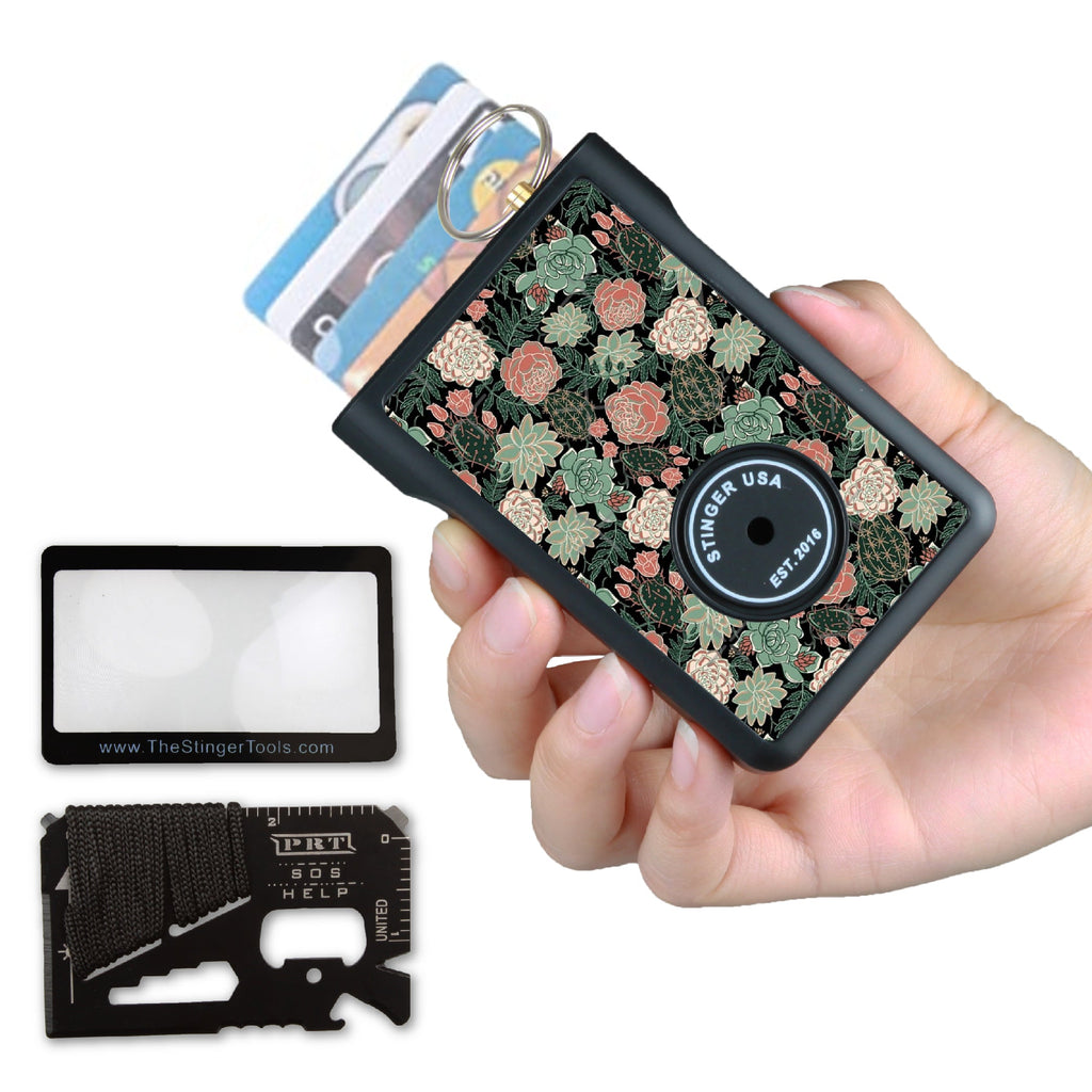 Stinger Minimalist Wallet, Card Holder, Safety Wallet with Personal Alarm, Multi-functional Tool, and Magnifier (Black Carbon Fiber)