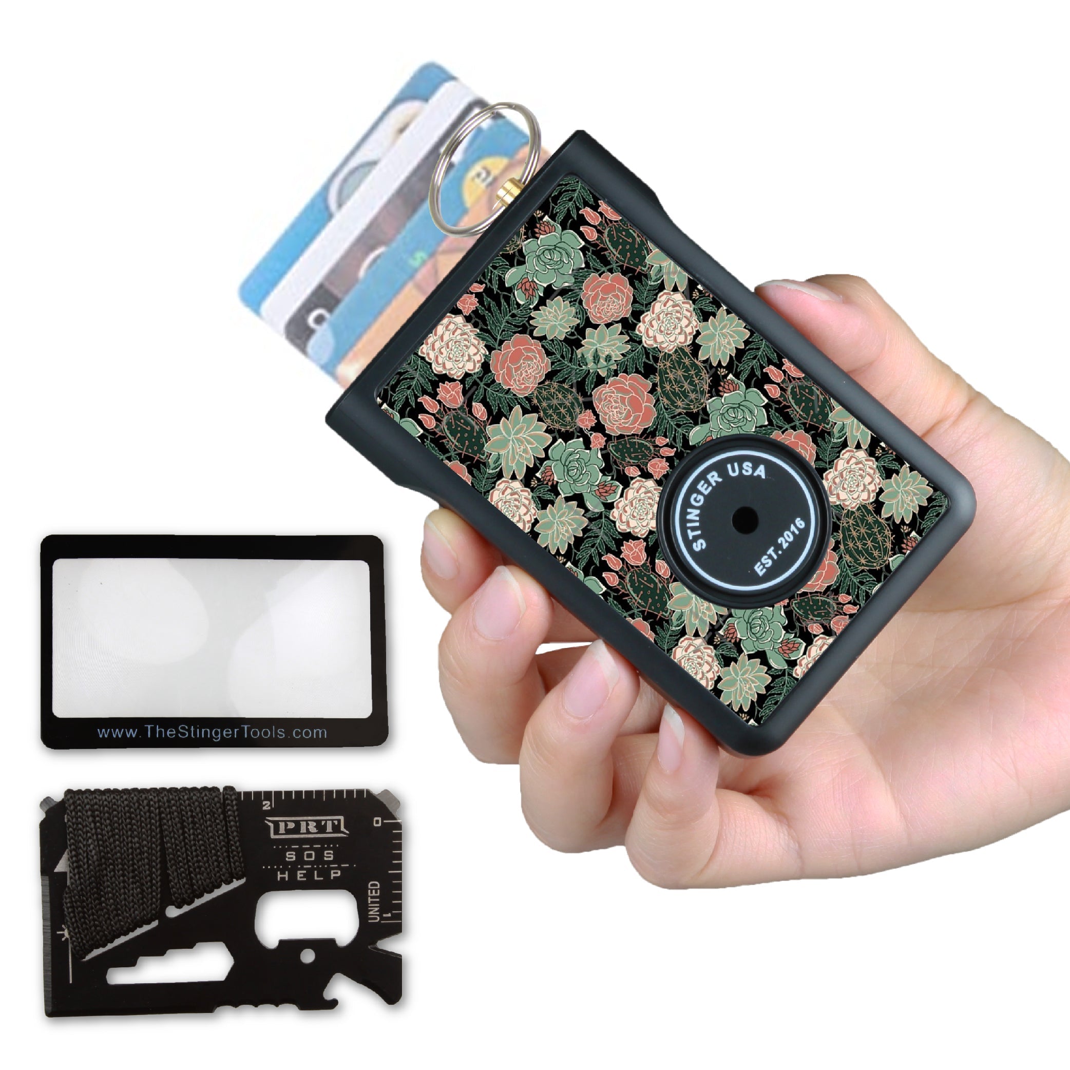 Stinger Minimalist Wallet, Card Holder, Safety Wallet with Personal Alarm, Multi-functional Tool, and Magnifier (Black Carbon Fiber)