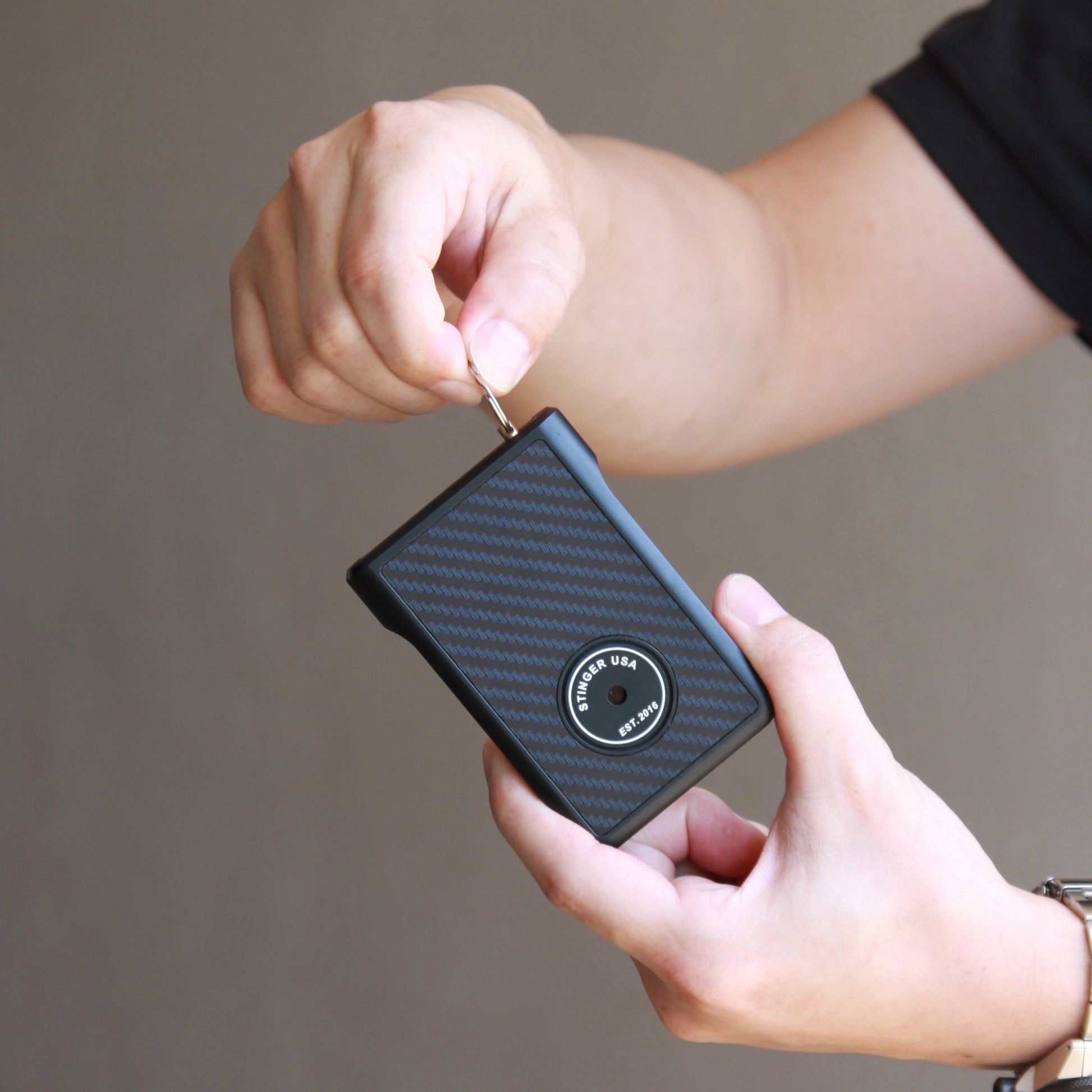 Stinger Aluminum Minimalist Wallet, Card Holder, Safety Wallet with Personal Alarm ( Black Carbon Fiber)