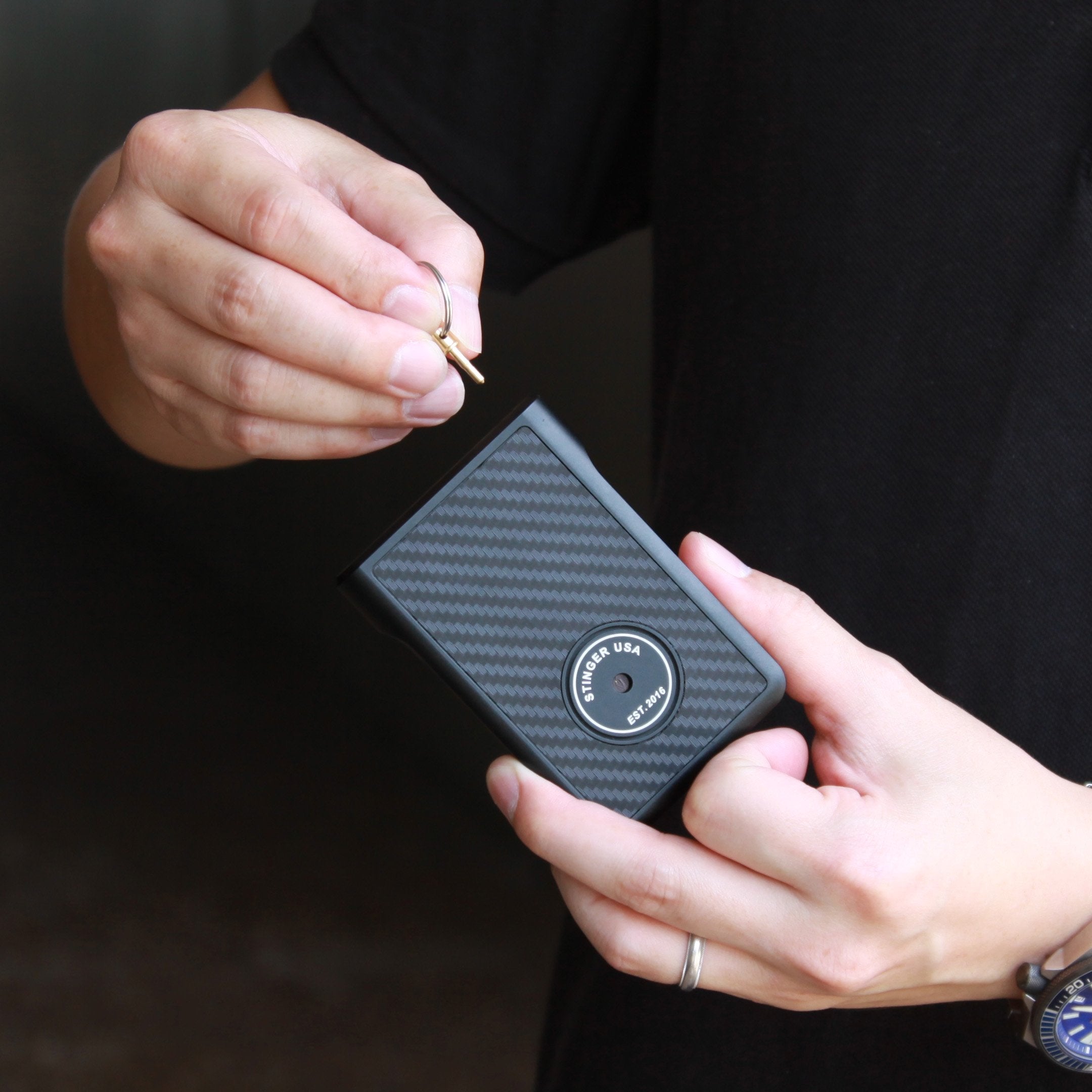 Stinger Minimalist Wallet, Card Holder, Safety Wallet with Personal Alarm, Multi-functional Tool, and Magnifier (Black Carbon Fiber)