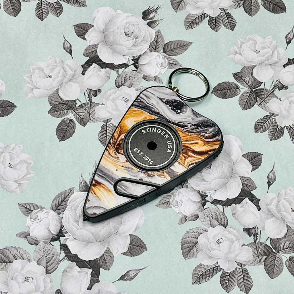 Stinger Stay Away Personal Safety Alarm Keychain Emergency Tool: Siren Alarm, Seat Belt Cutter, Glass Breaker (Black Marble)