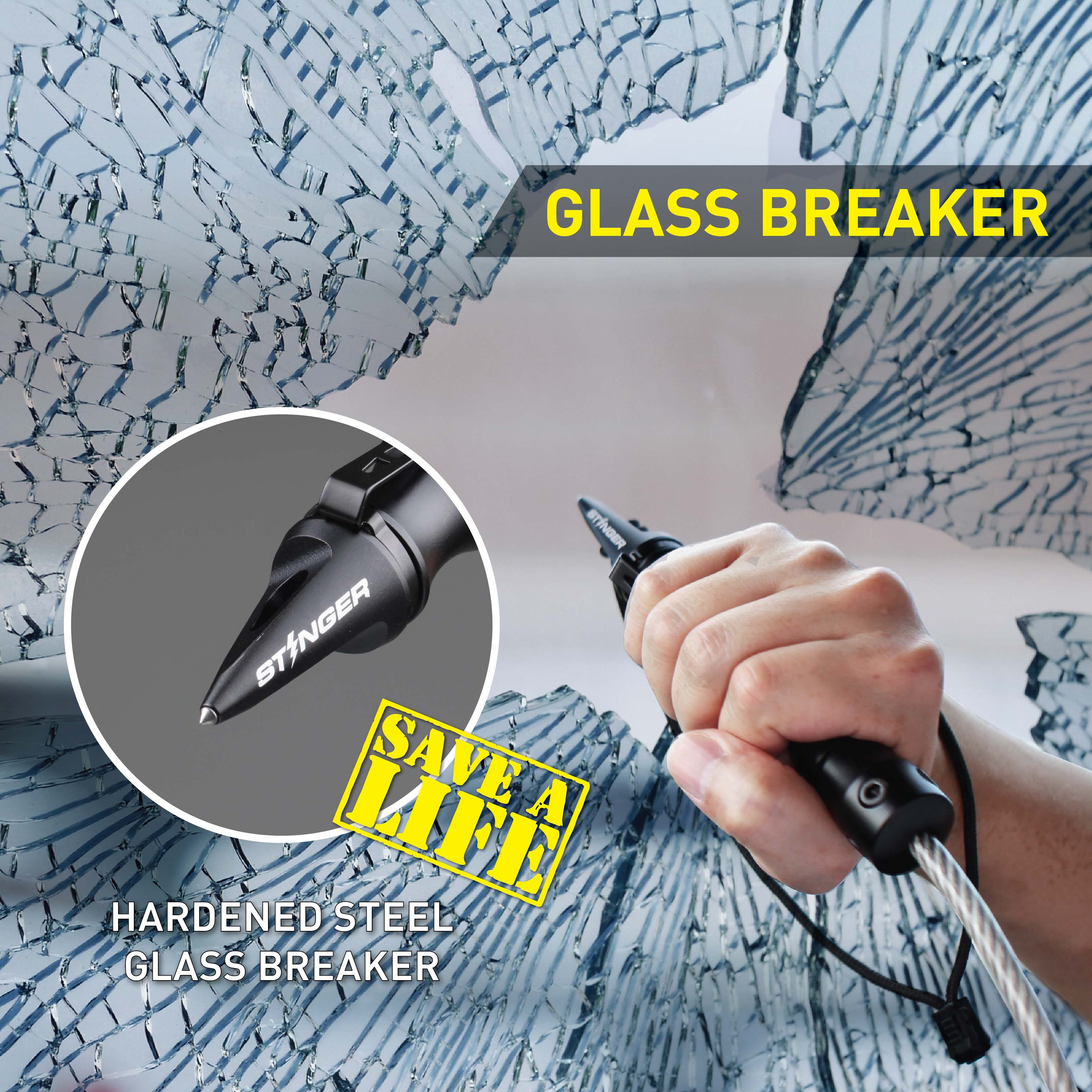 Stinger Whip Car Emergency Tool with Window Breaker (Black)