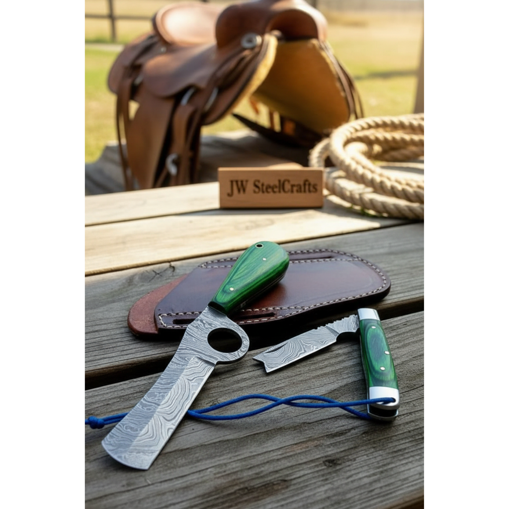 Ring Fang Bull Cutter Knife 7" Handmade Damascus Green Resin Handle