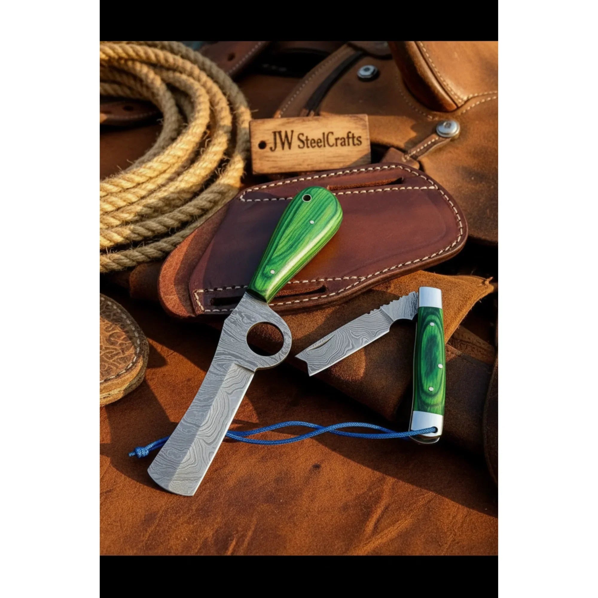 Ring Fang Bull Cutter Knife 7" Handmade Damascus Green Resin Handle