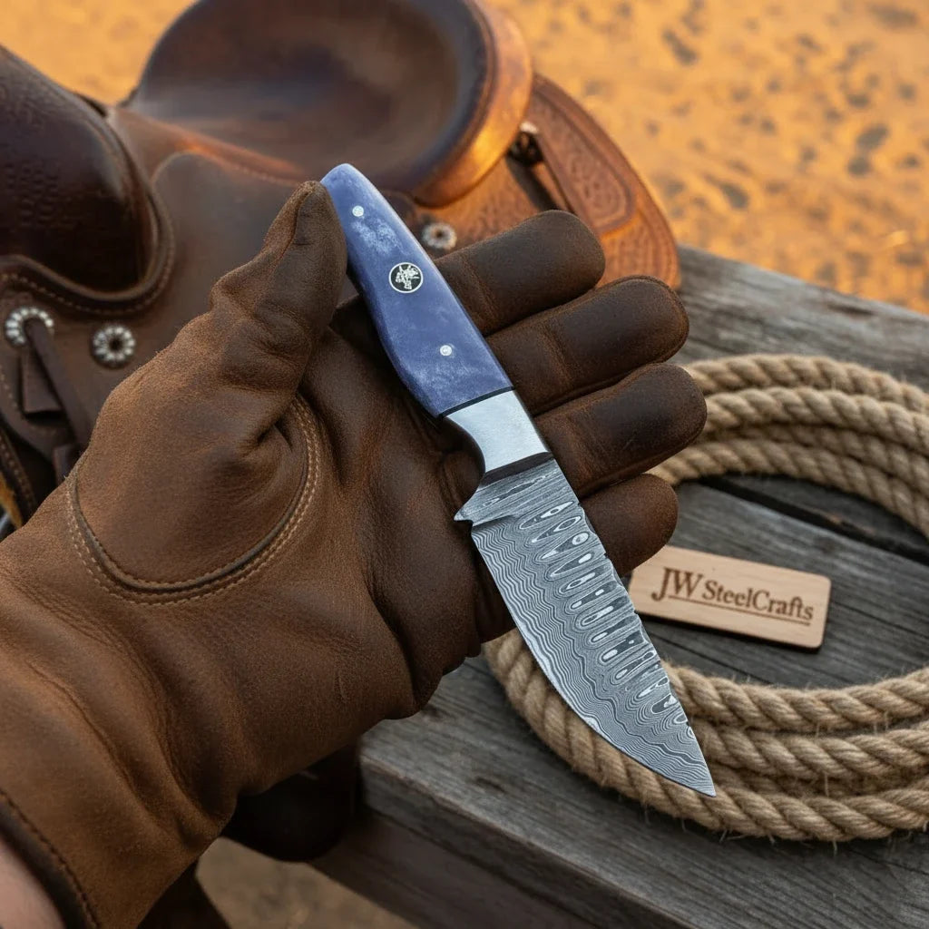 Patriot Ridge Skinner Knife 8" Premium Damascus with Blue Resin Handle