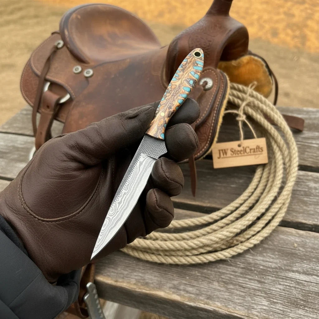 Saddle Rope Boning Knife 8.5” Handmade Damascus Turquoise & Bone Handle