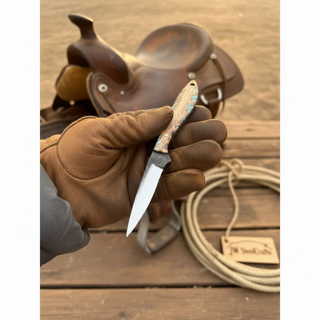 Saddle Rope Boning Knife 8.5” Handmade Damascus Turquoise & Bone Handle