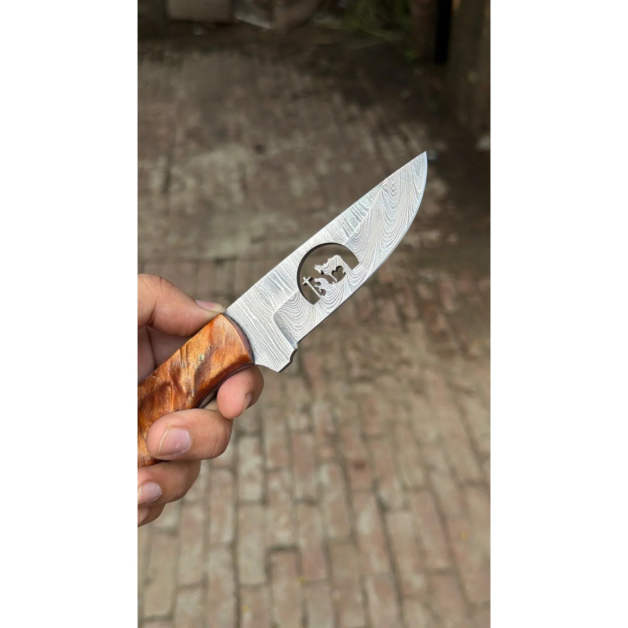 Dualwood Camp Knife 7" Handmade Pakka and Olive Wood Damascus Handle