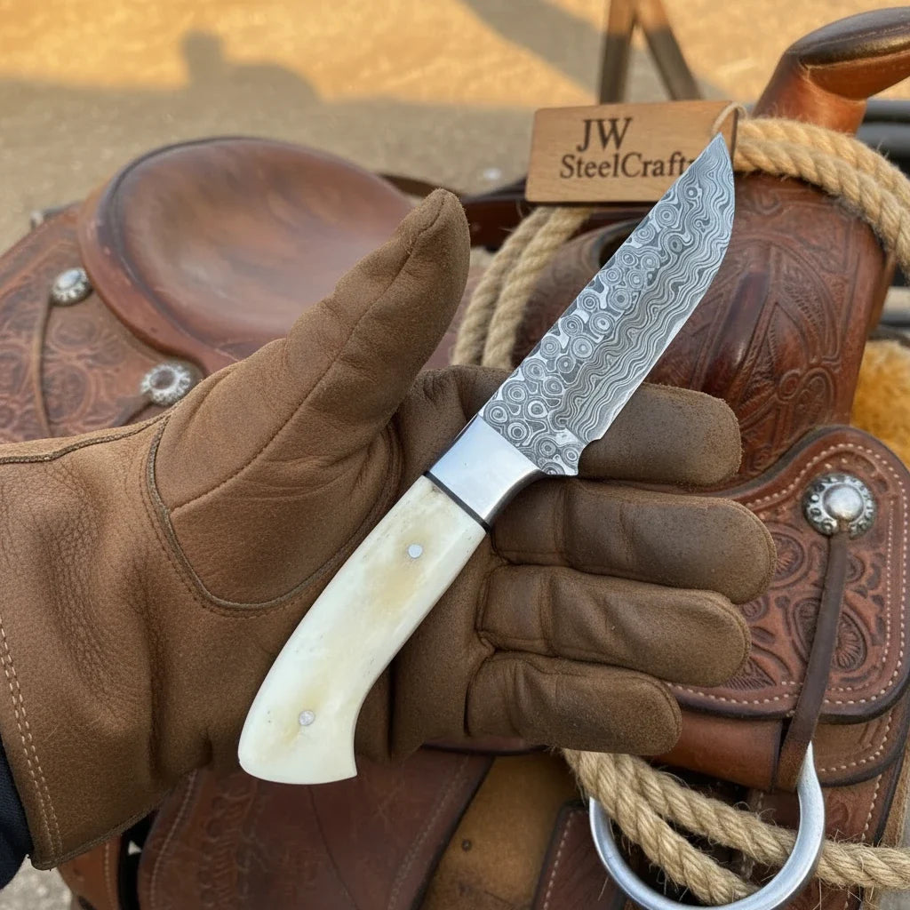 Saddle Rasp Ranch Blade 9" Premium Damascus Steel with White Bone Handle