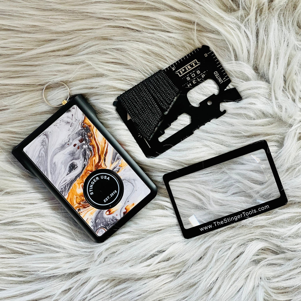 Stinger Minimalist Wallet, Card Holder, Safety Wallet with Personal Alarm, Multi-functional Tool, and Magnifier (Black Carbon Fiber)