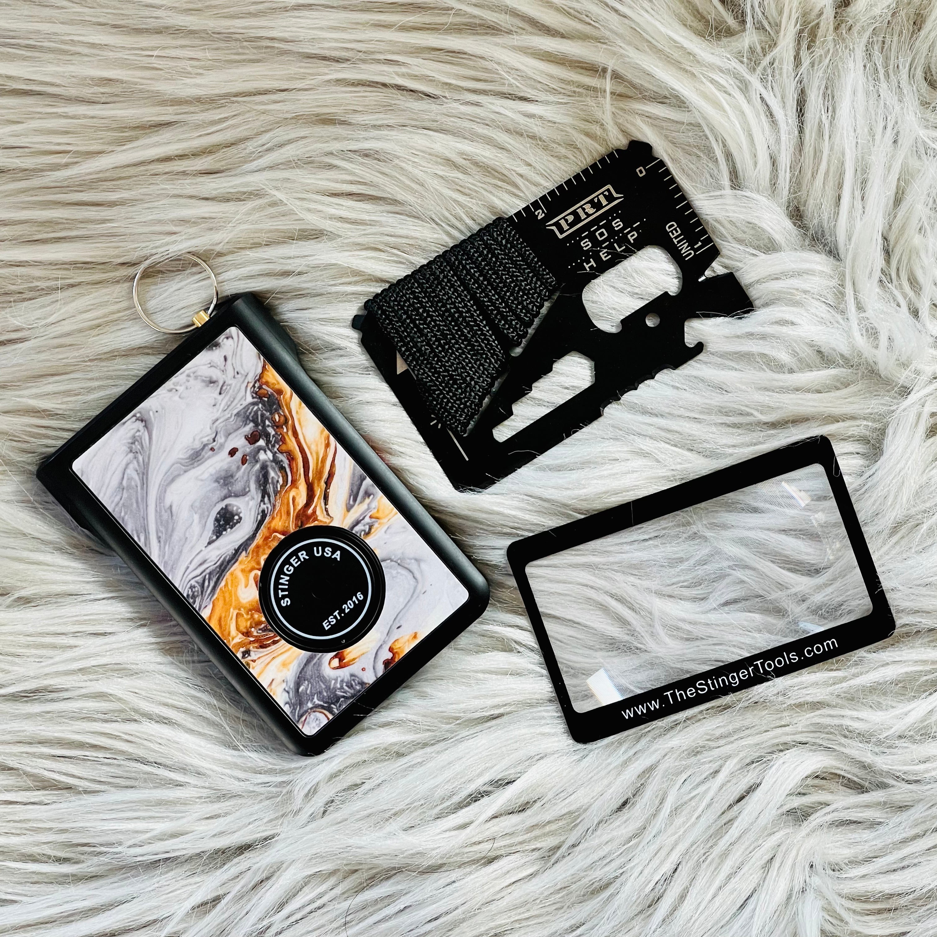Stinger Minimalist Wallet, Card Holder, Safety Wallet with Personal Alarm, Multi-functional Tool, and Magnifier (Black Carbon Fiber)