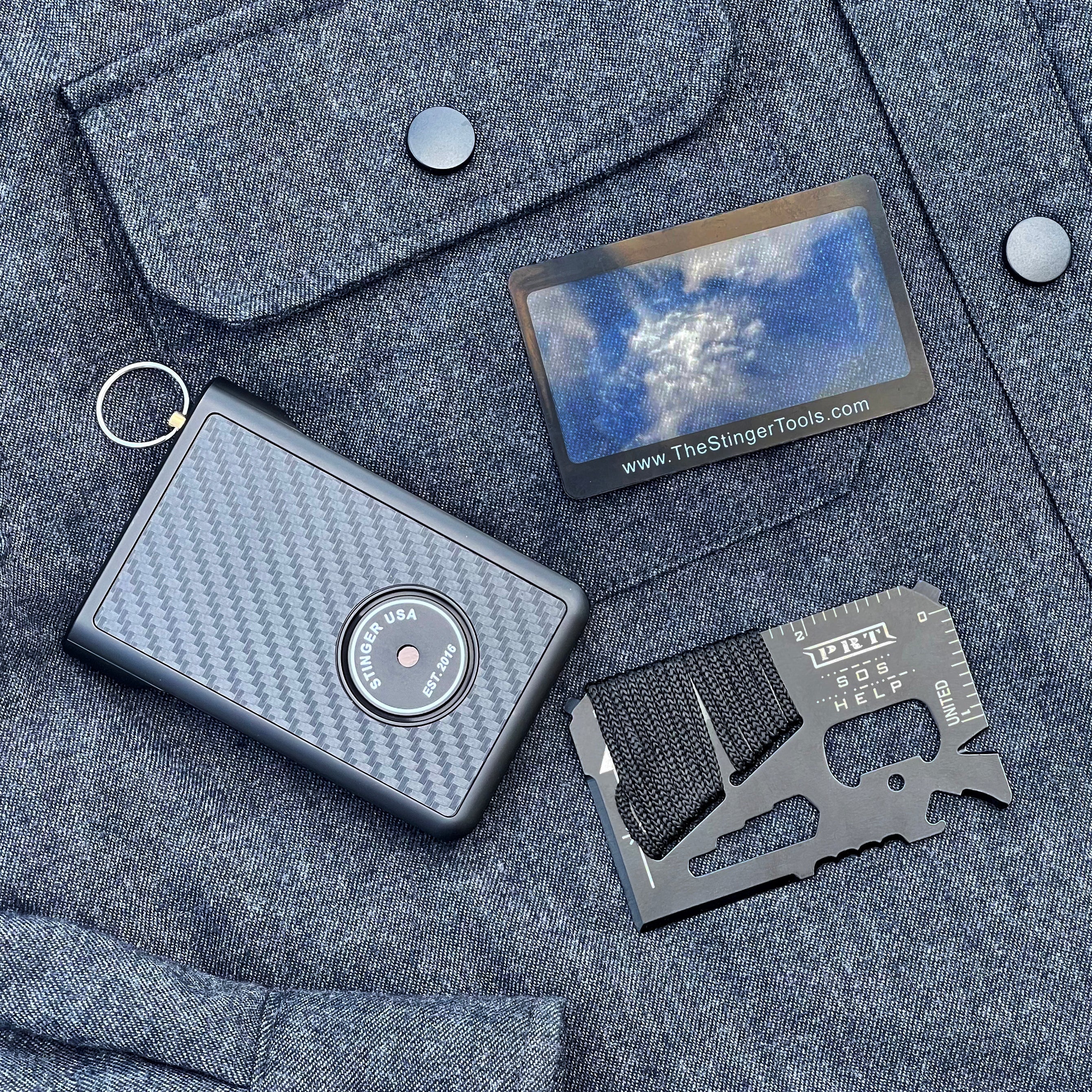 Stinger Minimalist Wallet, Card Holder, Safety Wallet with Personal Alarm, Multi-functional Tool, and Magnifier (Black Carbon Fiber)