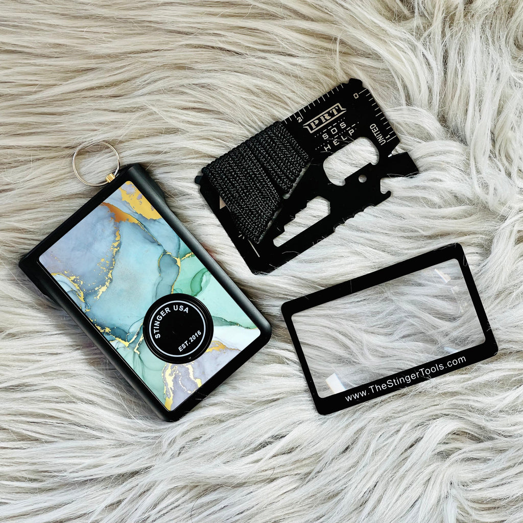 Stinger Minimalist Wallet, Card Holder, Safety Wallet with Personal Alarm, Multi-functional Tool, and Magnifier (Black Carbon Fiber)