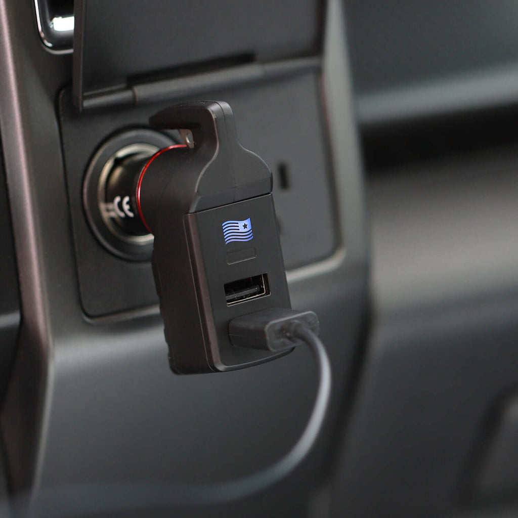 Stinger USB Car Charger Emergency Tool, Seatbelt Cutter, Spring-Loaded Car Window Breaker (Blue American Flag)