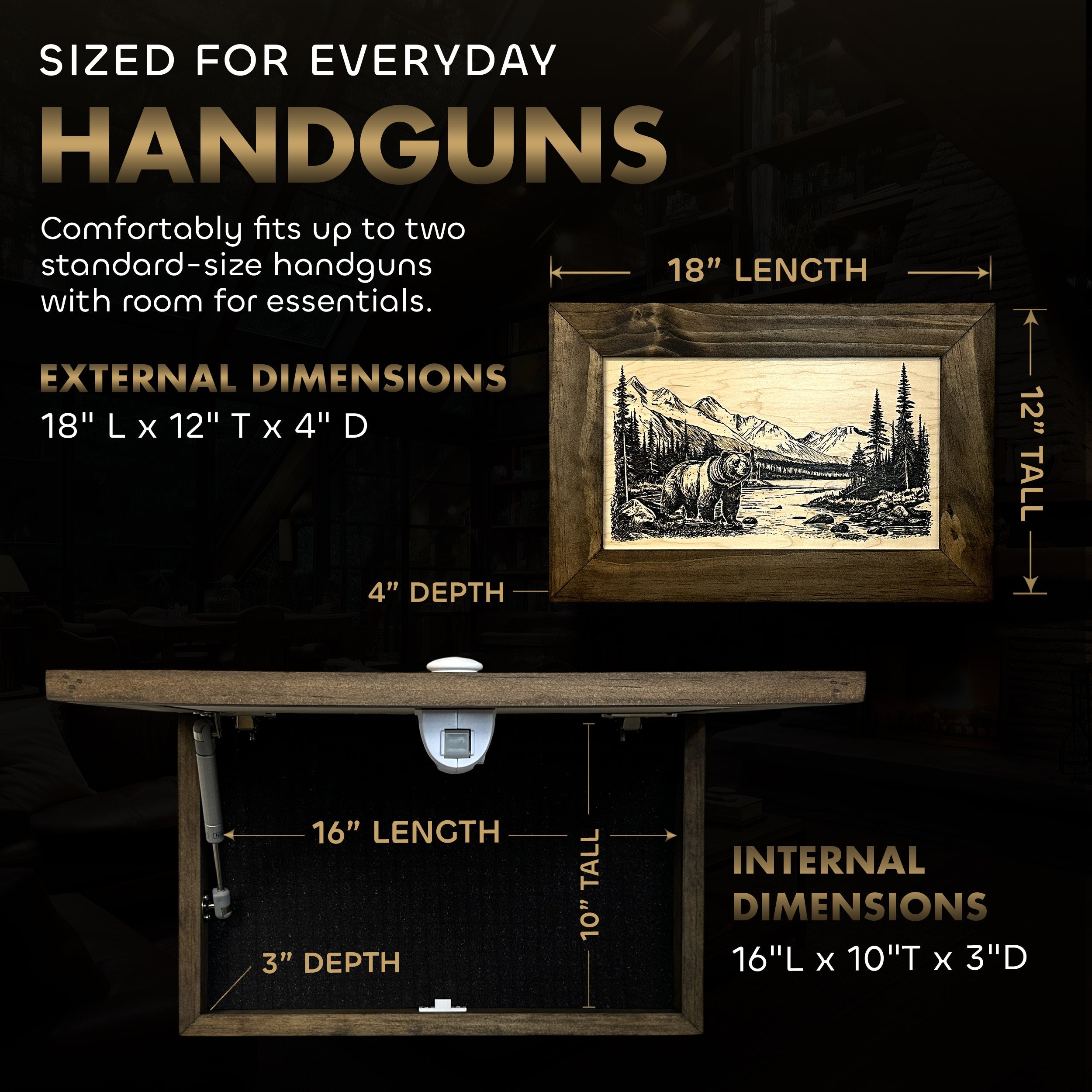 Wilderness Mountain Bear Gun Concealment Furniture - Handcrafted Hidden Gun Storage Wall Decor - Hidden Safe Furniture with Magnetic Lock for Quick Access - Made in USA