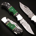 Damascus Folding Knife with Green and Black Pakka Wood Handle