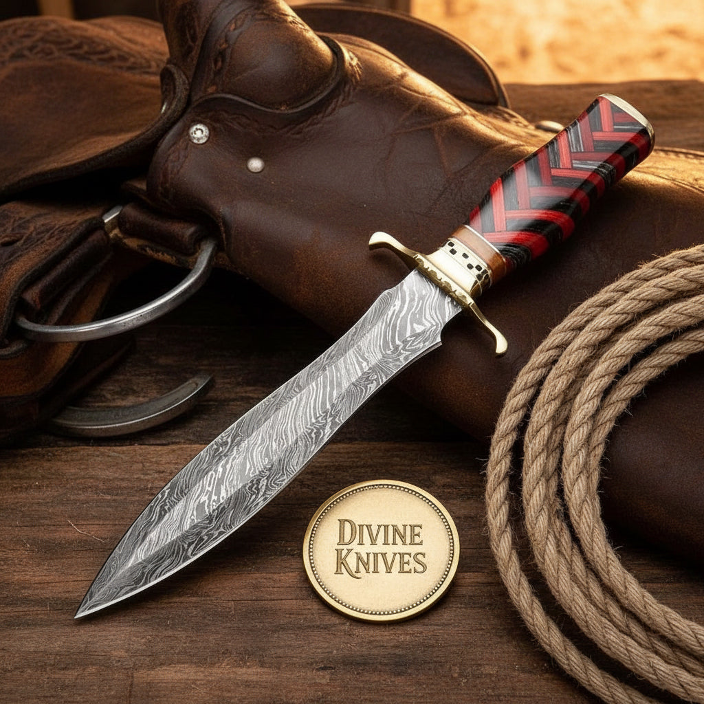 Damascus Braided Dagger Knife with Herringbone Handle